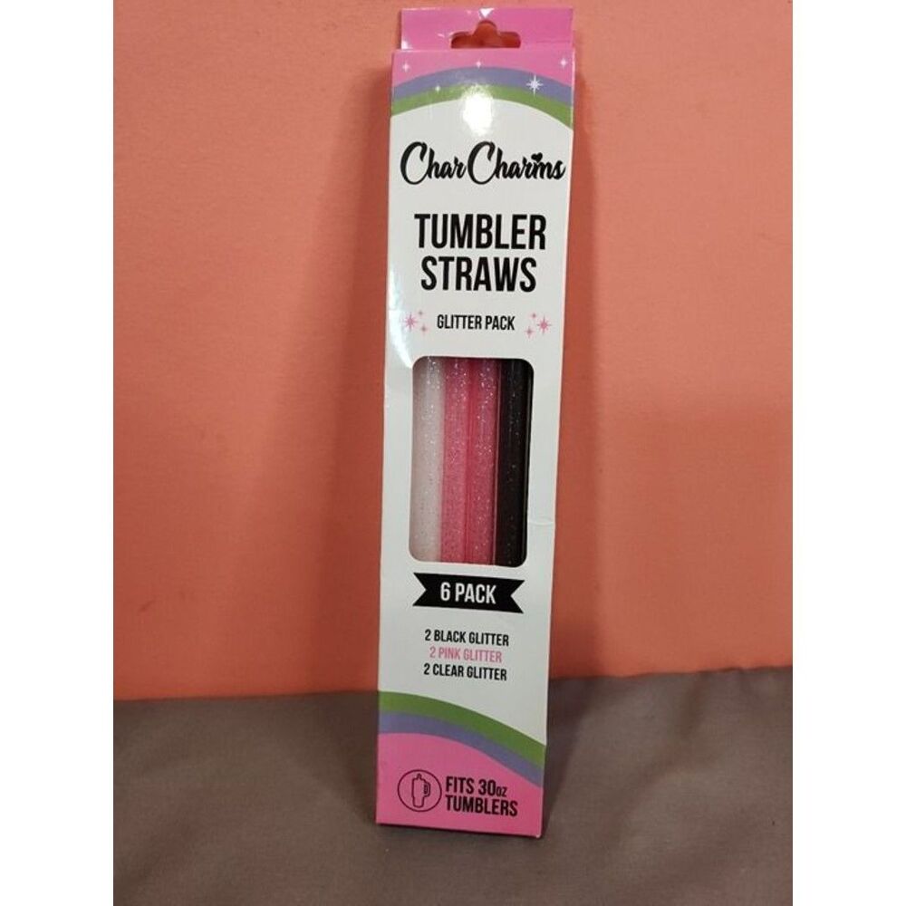 CharCharms Tumbler Straws 6 Pack Glitter Black Pink Clear